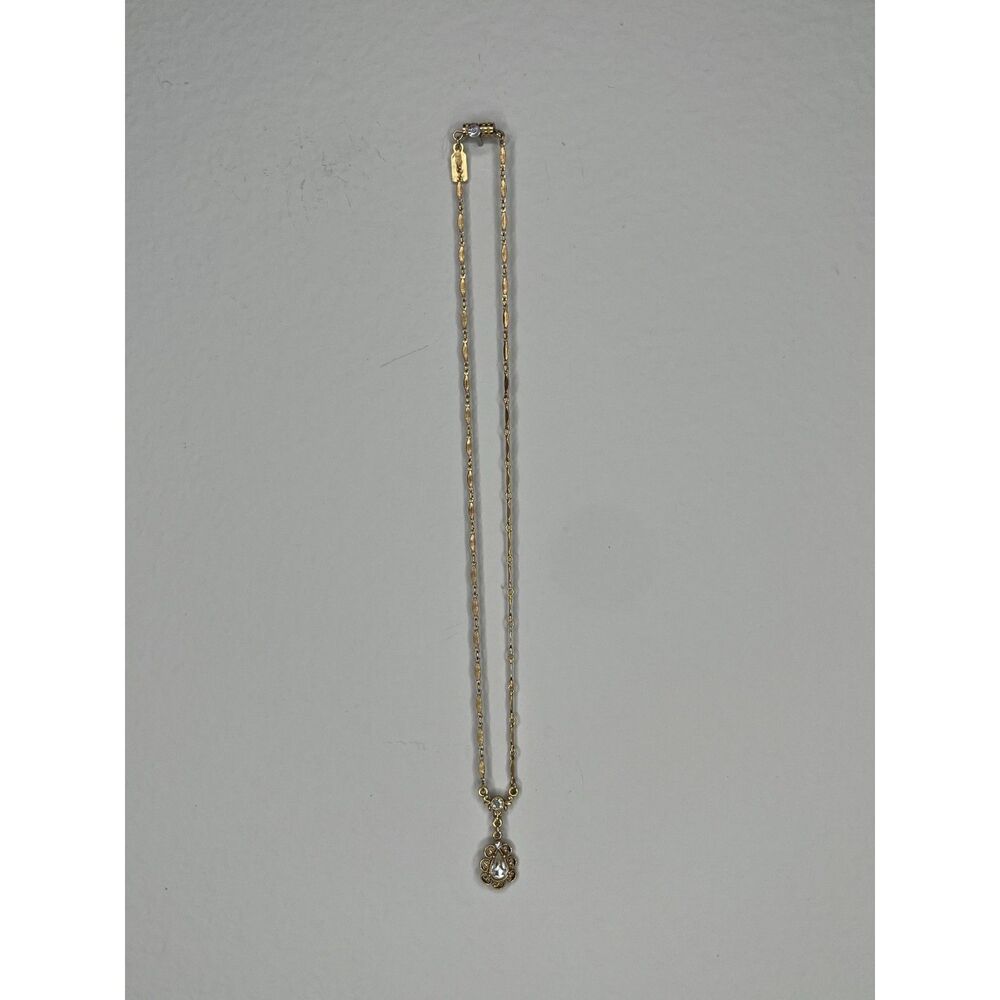 Vintage Gold-Toned Teardrop Pendant Necklace with Crystal Accents, Elegant